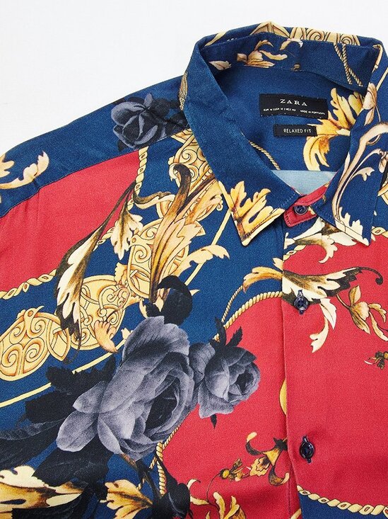 Zara Size Medium Relaxed Fit Mens Navy Floral Viscose Long Sleeve Designer Shirt - Picture 9 of 9